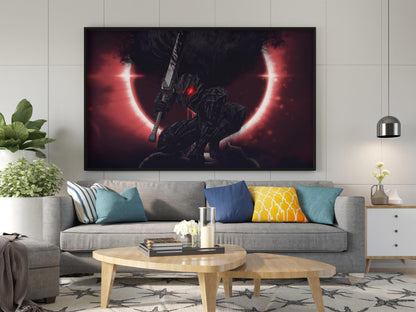 Dark Knight Before Red Eclipse Poster | Dramatisches Fantasy-Wandkunst-Poster | Berserk Mond Poster