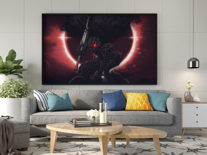 Dark Knight Before Red Eclipse Poster | Dramatisches Fantasy-Wandkunst-Poster | Berserk Mond Poster