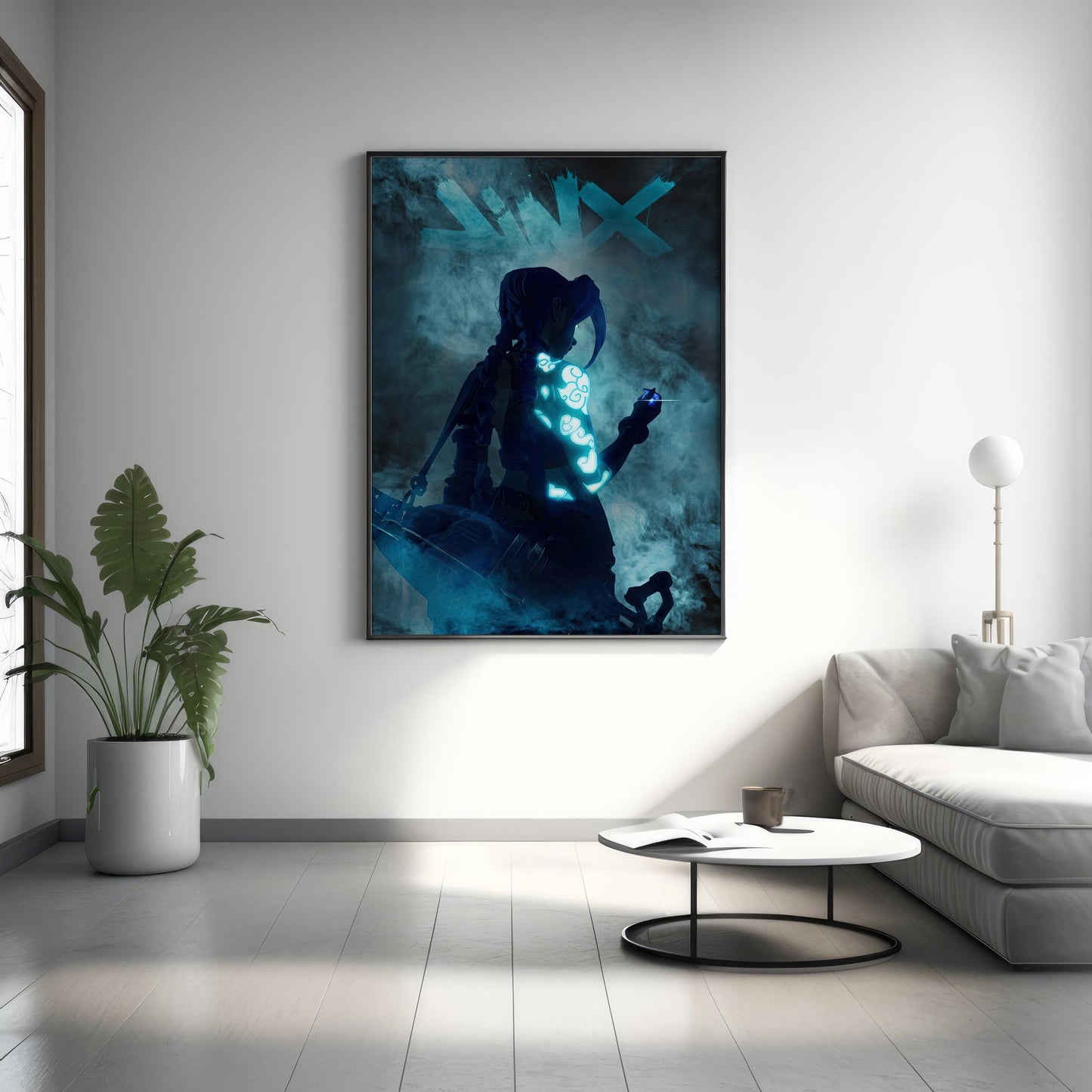 Neonblaue Punk-Girl in Rauch Poster | Cyber Tattoo Fantasy Wandkunst | Jinx Poster Kunst
