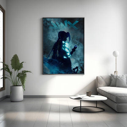 Neonblaue Punk-Girl in Rauch Poster | Cyber Tattoo Fantasy Wandkunst | Jinx Poster Kunst