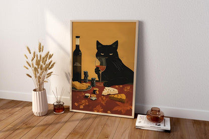 Black Cat Wine and Cheese Poster | Lustiger Poker Küchen Wand Kunstdruck