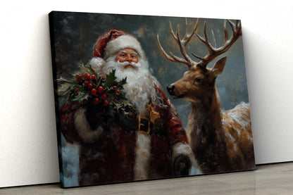 Wandbild Weihnachtsmann mit Tieren, Weihnachtsmann- & Weihnachtsdekor-Kunst – Frohe Weihnachten, Weihnachtsgeschenk, gerahmter Weihnachtsmann