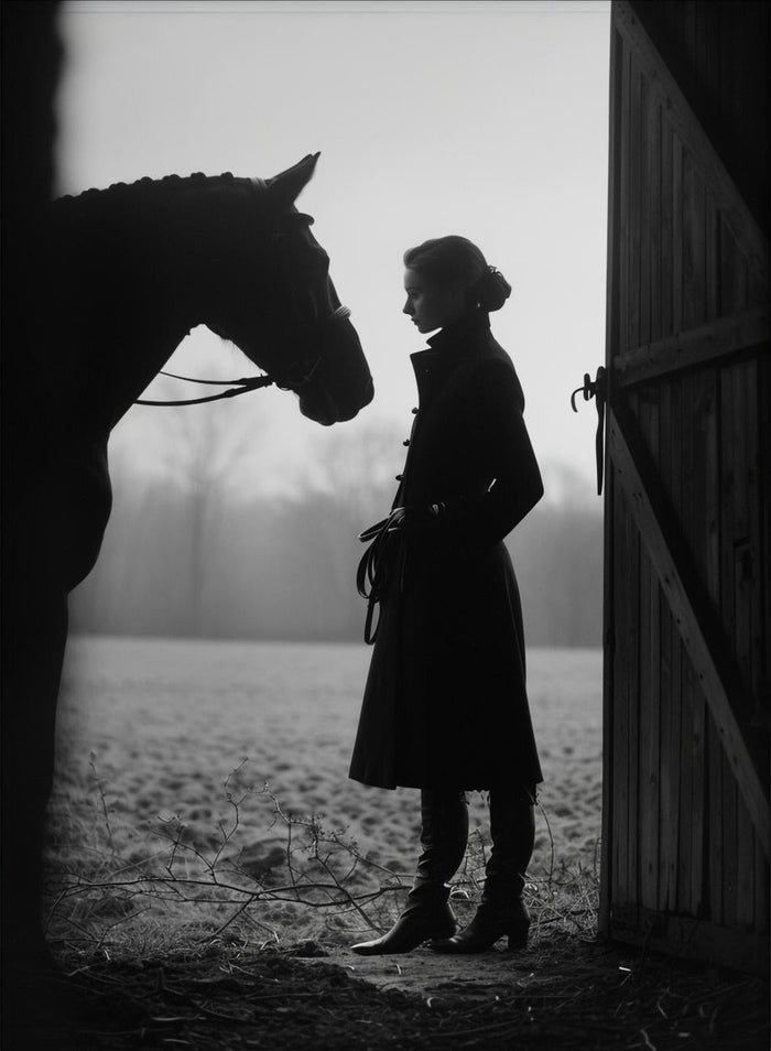 Black and White Equestrian Woman with Horse Canvas Print