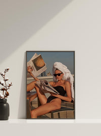 Chic Rooftop Woman Reading Newspaper Poster | Fashion Editorial Style Wall Art Print