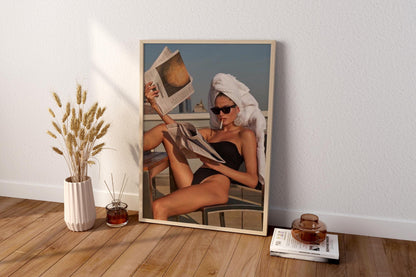 Chic Rooftop Woman Reading Newspaper Poster | Fashion Editorial Style Wall Art Print