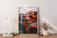 Rotes Sportwagen Garage Mädchen | Retro Rennsport Fotografie Wandkunst Druck