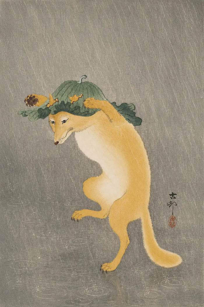 Dancing Fox with Lotus Leaf Hat by Ohara Koson