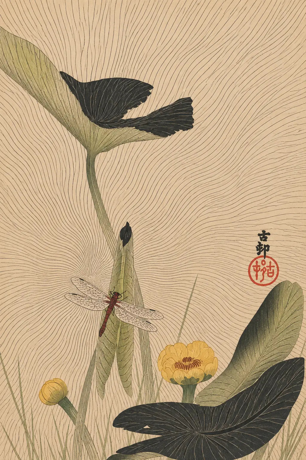 Libelle and lotus by Ohara Koson