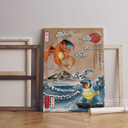 Anime Leinwandbilder, Glurak Leinwandbilder, Glurak vs. Turtok Wandposter, Vintage Anime Poster, Gerahmtes Anime Poster