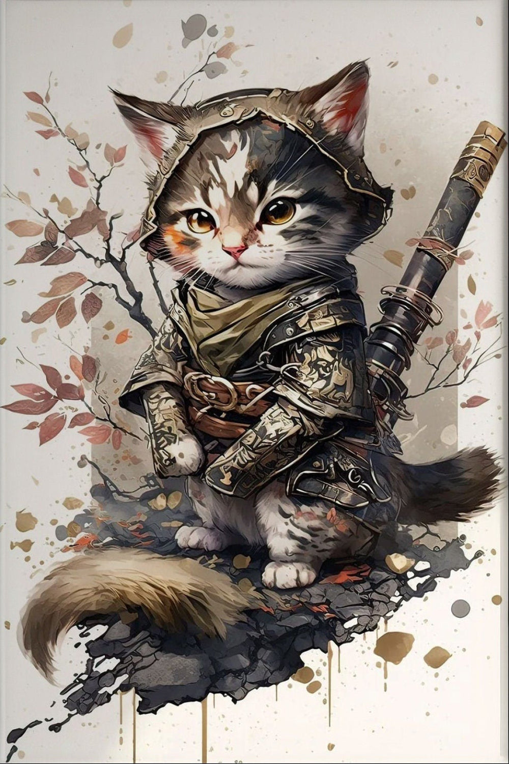 Cute Samurai Cat Canvas Wall Art