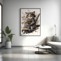 Samurai Katze Leinwand-Wandkunst, Süßes Samurai Katze Poster, Modernes Kunst-Poster, Gerahmte Leinwand, Japanische Kunst Leinwand-Wandkunst, Japanisches Kunst-Poster