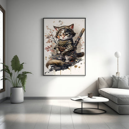 Samurai Katze Leinwand-Wandkunst, Süßes Samurai Katze Poster, Modernes Kunst-Poster, Gerahmte Leinwand, Japanische Kunst Leinwand-Wandkunst, Japanisches Kunst-Poster