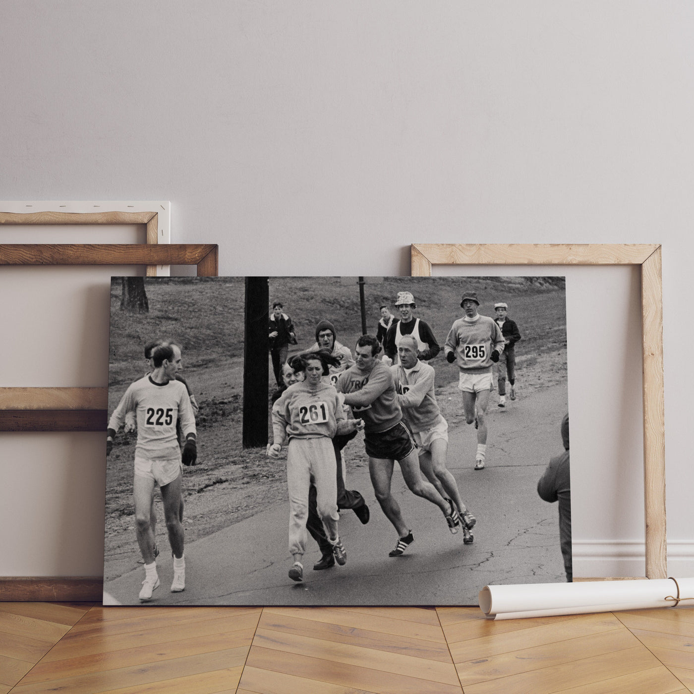 Kathrine Switzer First Woman to Officially Run Boston Marathon, Framed Canvas Wall Decor, Black And White Wall Art