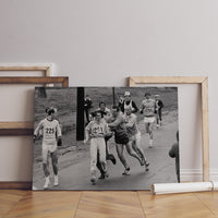 Kathrine Switzer First Woman to Officially Run Boston Marathon, Framed Canvas Wall Decor, Black And White Wall Art
