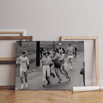 Kathrine Switzer First Woman to Officially Run Boston Marathon, Framed Canvas Wall Decor, Black And White Wall Art