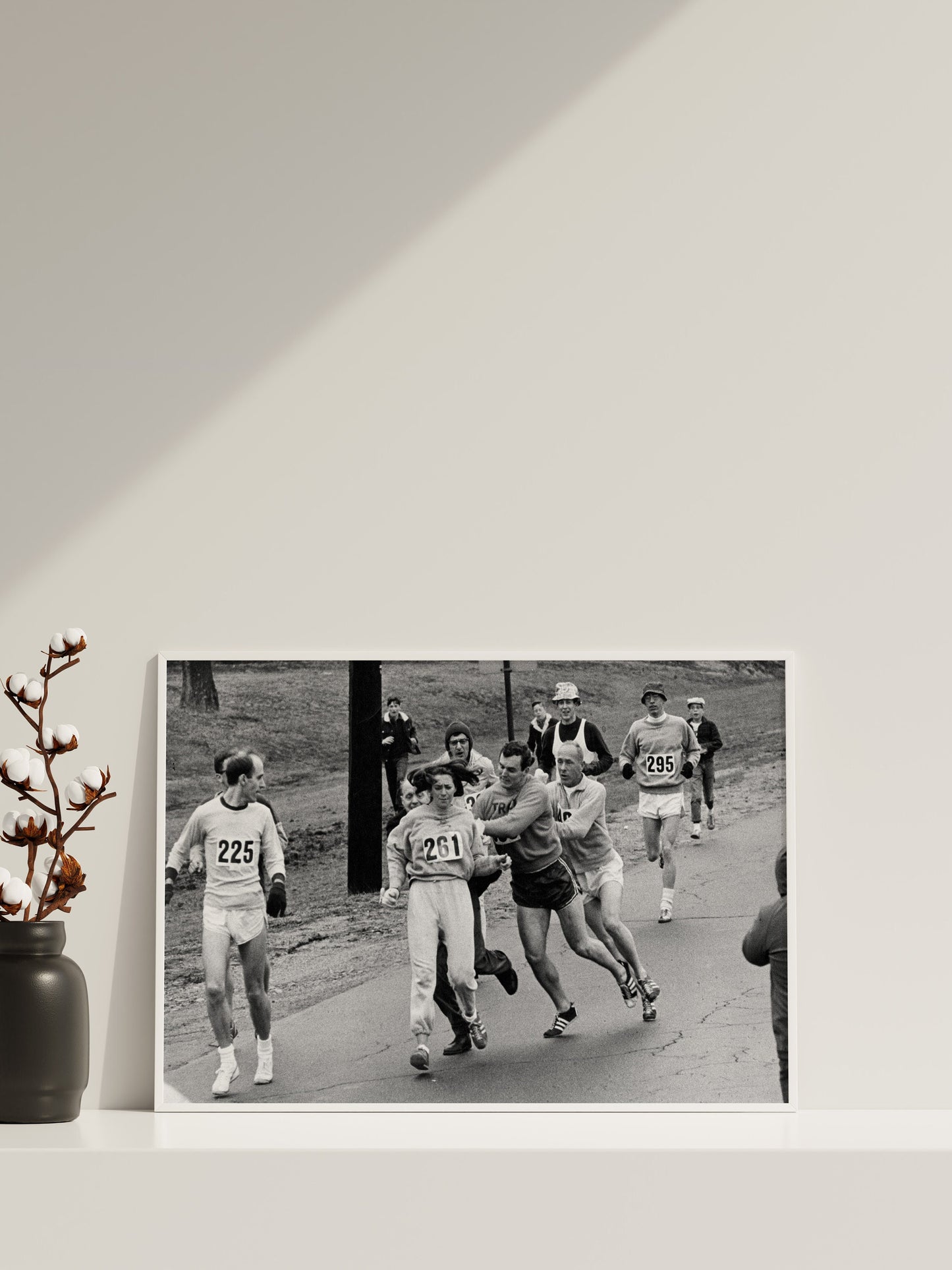 Kathrine Switzer First Woman to Officially Run Boston Marathon, Framed Canvas Wall Decor, Black And White Wall Art