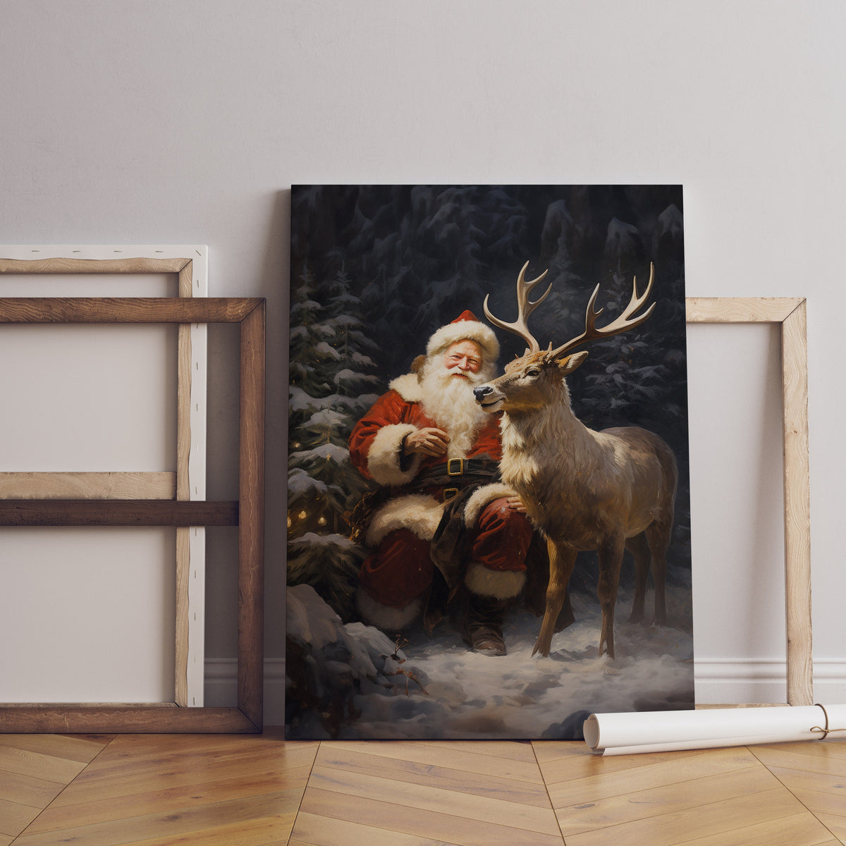 Christmas Canvas Wall Art, Santa Claus With Elk Wall Art, Vintage Print, Vintage Canvas Decor, Christmas Gift, Cute Elk Wall Decor