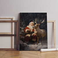Christmas Canvas Wall Art, Santa Claus With Elk Wall Art, Vintage Print, Vintage Canvas Decor, Christmas Gift, Cute Elk Wall Decor
