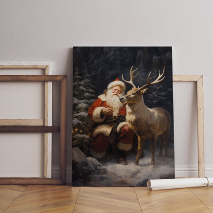 Christmas Canvas Wall Art, Santa Claus With Elk Wall Art, Vintage Print, Vintage Canvas Decor, Christmas Gift, Cute Elk Wall Decor
