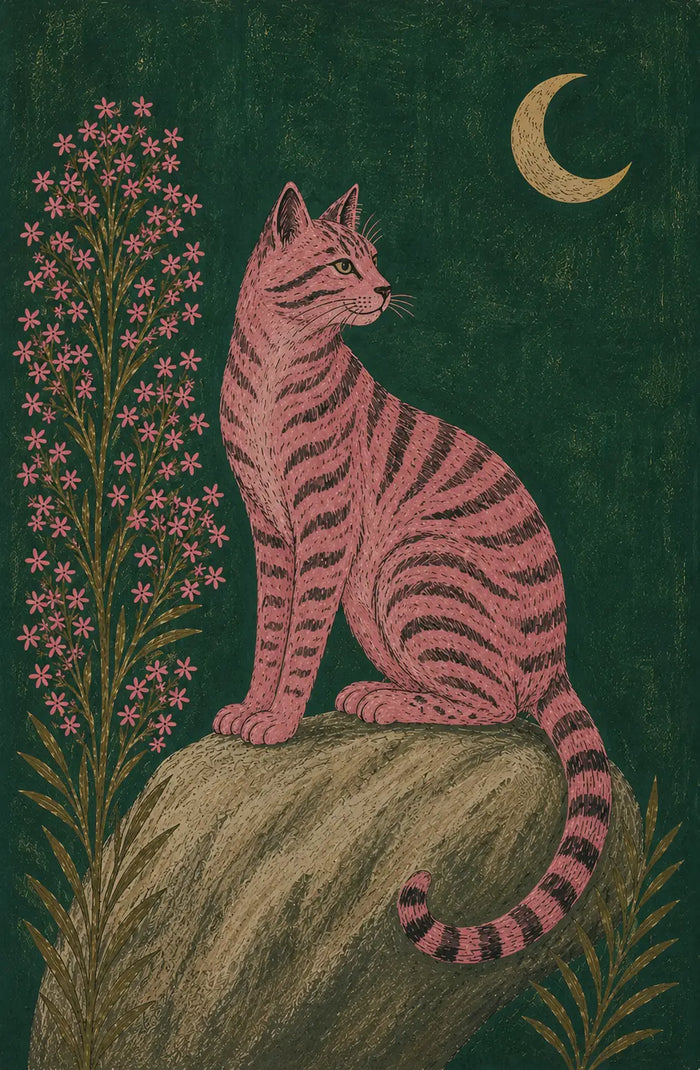 Pink Black Cat Under Crescent Moon