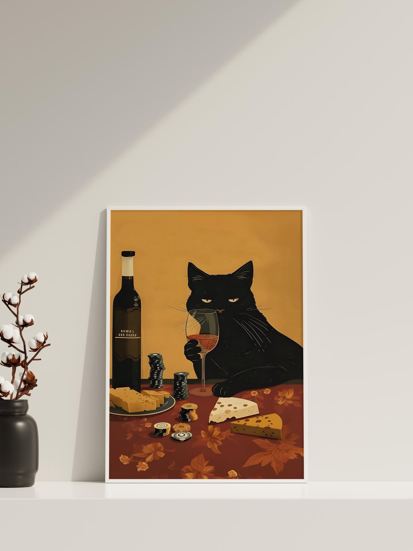 Black Cat Wine and Cheese Poster | Lustiger Poker Küchen Wand Kunstdruck