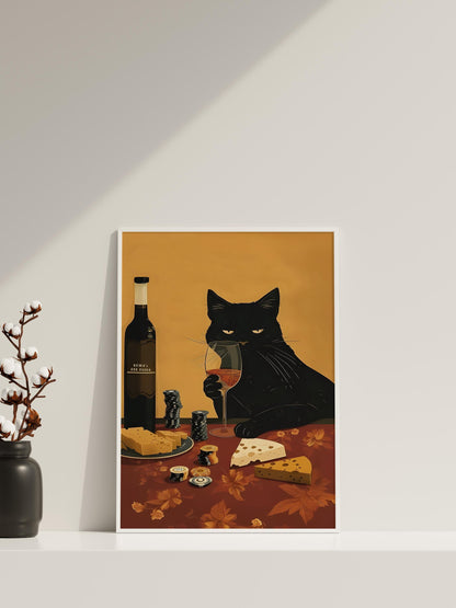 Black Cat Wine and Cheese Poster | Lustiger Poker Küchen Wand Kunstdruck