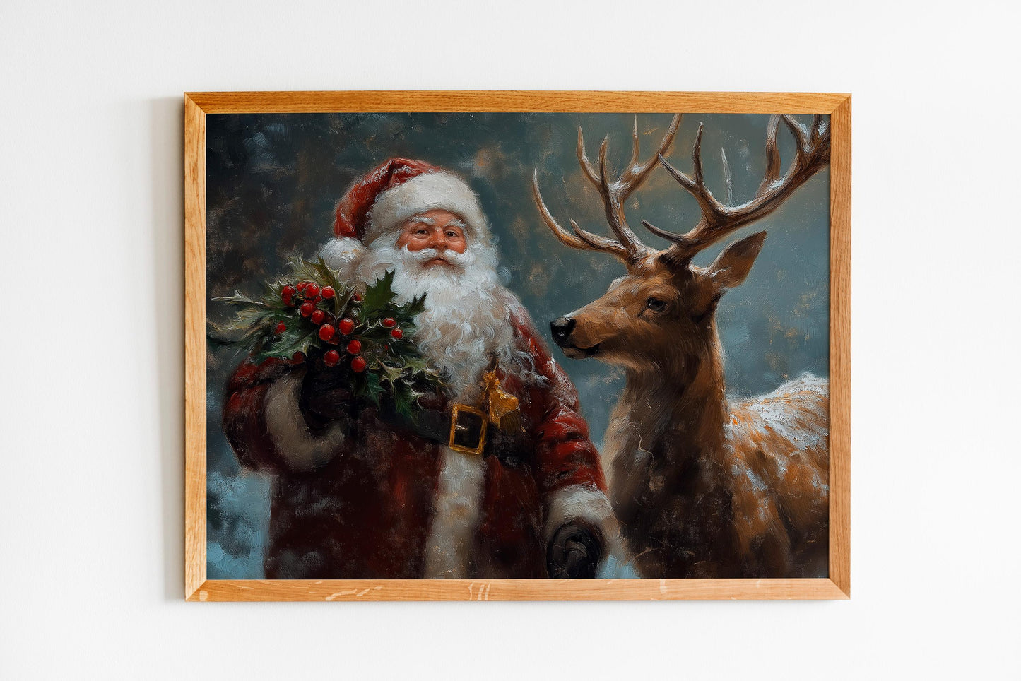 Wandbild Weihnachtsmann mit Tieren, Weihnachtsmann- & Weihnachtsdekor-Kunst – Frohe Weihnachten, Weihnachtsgeschenk, gerahmter Weihnachtsmann