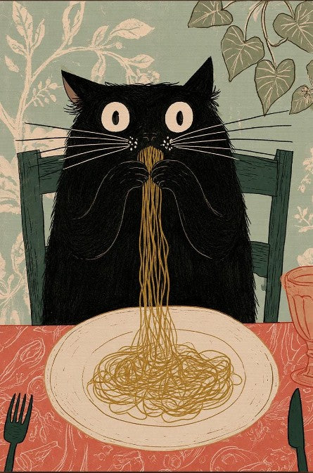 Funny Black Cat Eating Spaghetti Wall Art, Whimsical Kitchen Canvas Print, Funny Kitchen Decor, Pasta Prints