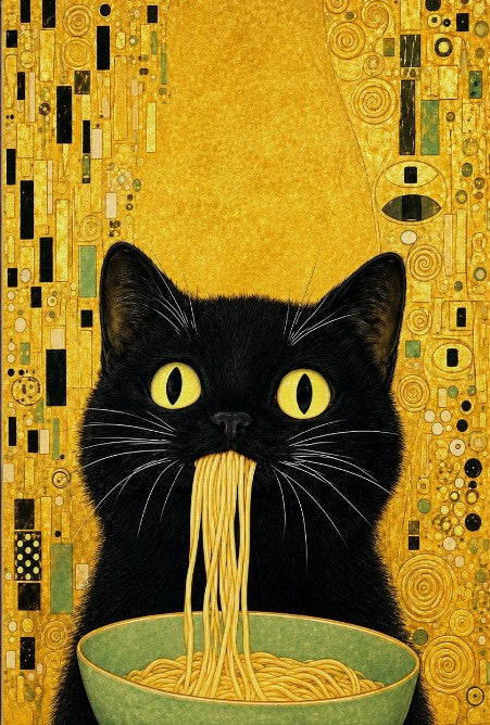 Gustav Klimt Black Cat Eating Noodles Wall Art, Whimsical Gold Cat Canvas, Funny Kitchen Decor, Pasta Prints