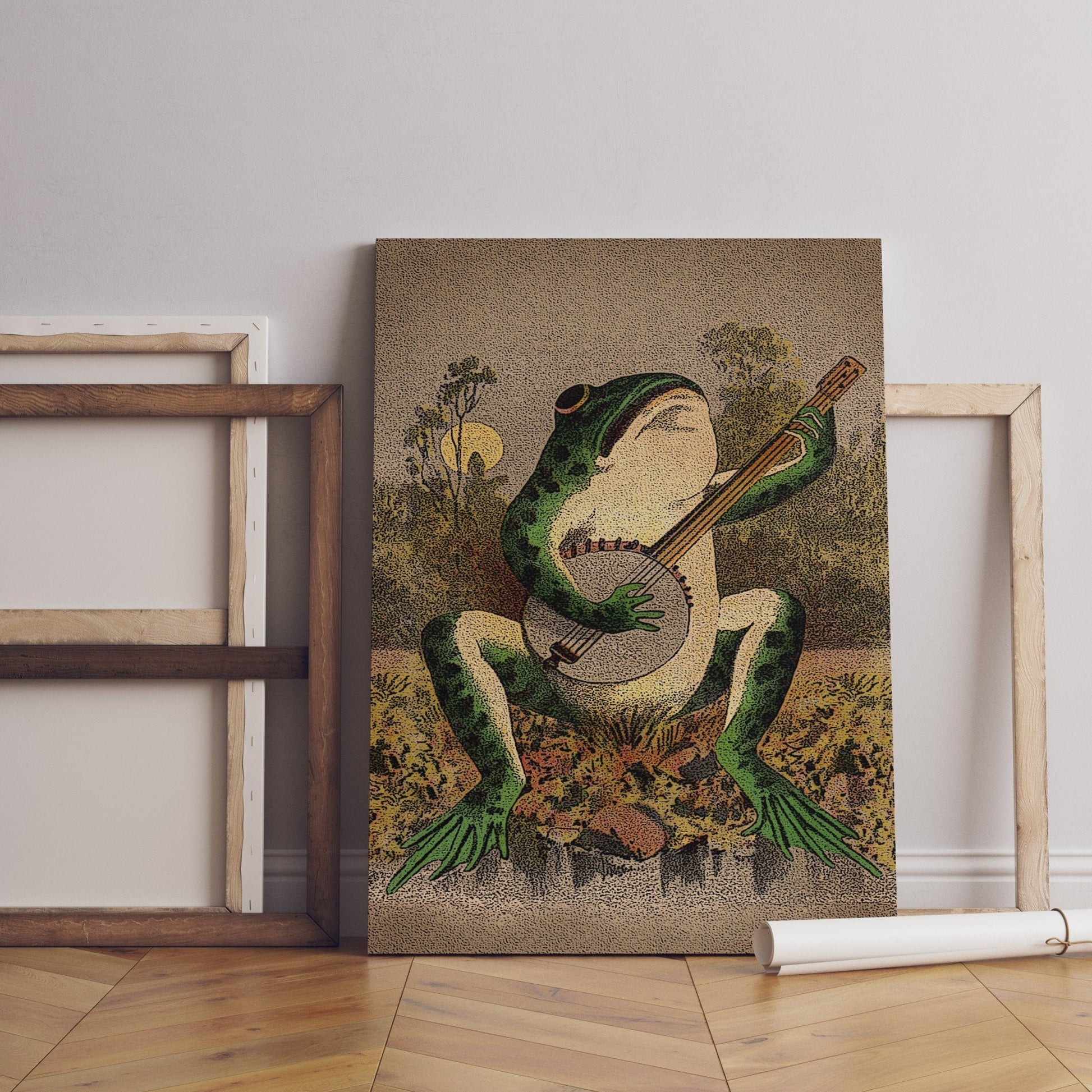 A Frog Playing Banjo in The Moonlight Vintage Poster - Canvasworkshop