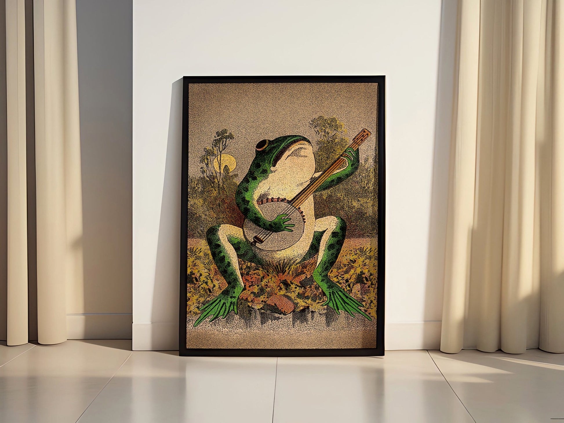 A Frog Playing Banjo in The Moonlight Vintage Poster - Canvasworkshop