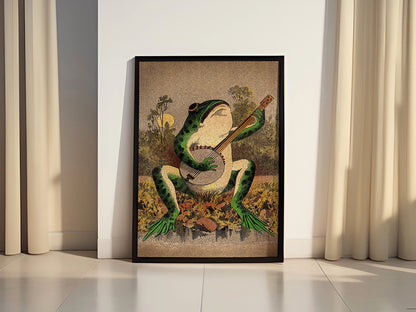 A Frog Playing Banjo in The Moonlight Vintage Poster - Canvasworkshop