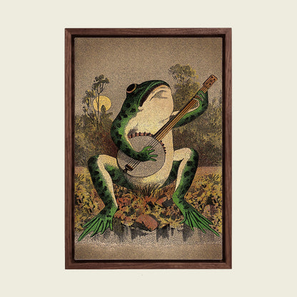 A Frog Playing Banjo in the Moonlight canvas wall art in a floating walnut frame