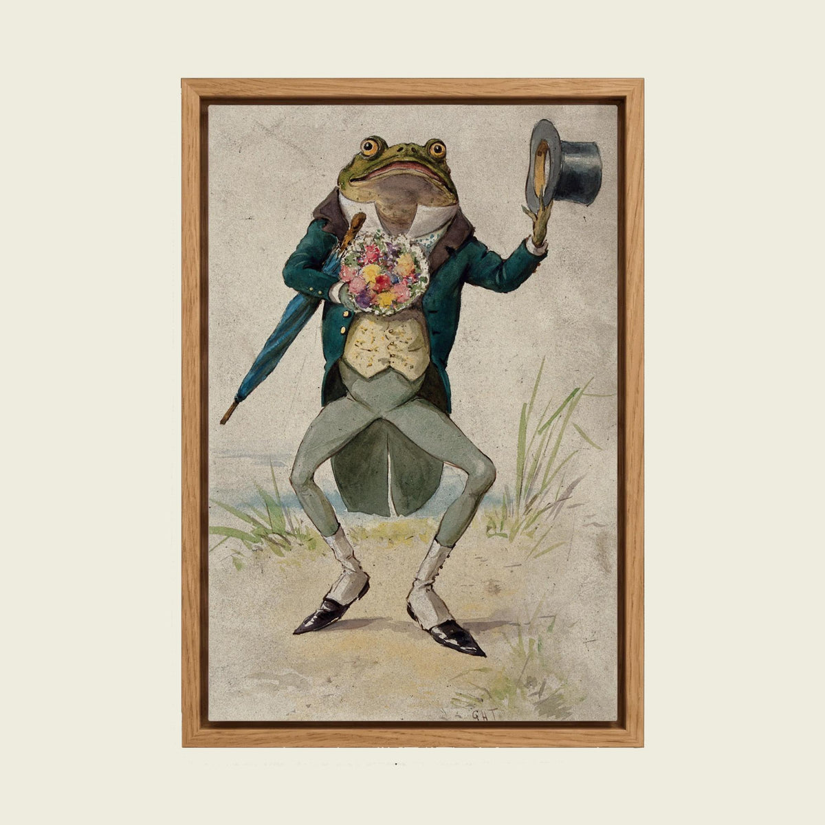 Feed Floating Oak A toad in morning dress, holding an umbrella and a bunch of flowers.