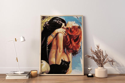 Retro Witchy Lovers Art Print | Vintage Redhead Woman & Black Cat Wall Poster