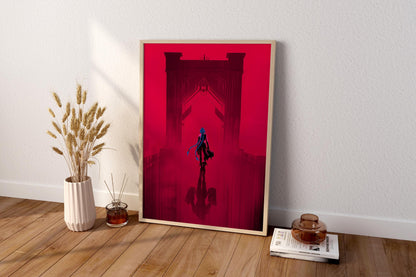 Punk-Girl-auf-Brücke-Poster | Neonrotes Cyberpunk-Wandbild