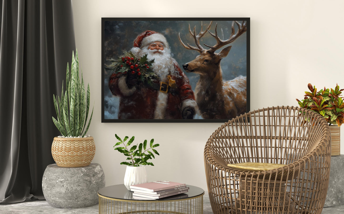 Wandbild Weihnachtsmann mit Tieren, Weihnachtsmann- & Weihnachtsdekor-Kunst – Frohe Weihnachten, Weihnachtsgeschenk, gerahmter Weihnachtsmann