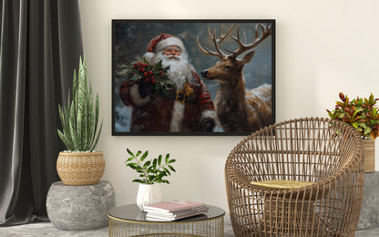 Wandbild Weihnachtsmann mit Tieren, Weihnachtsmann- & Weihnachtsdekor-Kunst – Frohe Weihnachten, Weihnachtsgeschenk, gerahmter Weihnachtsmann