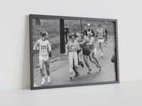 Kathrine Switzer First Woman to Officially Run Boston Marathon, Framed Canvas Wall Decor, Black And White Wall Art