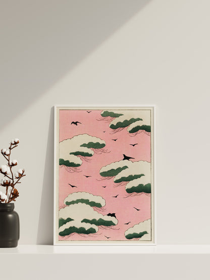 Pink sky illustration Canvas Wall Art, Japanese Wall Art, Clouds Poster, Pink Cool Poster, Gift For Her