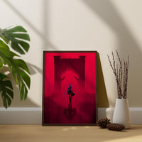 Punk-Girl-auf-Brücke-Poster | Neonrotes Cyberpunk-Wandbild