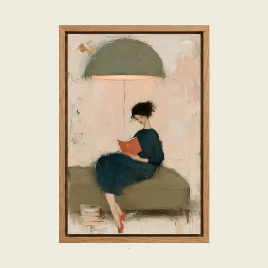 Woman on the Sofa canvas wall art in a floating oak frame
