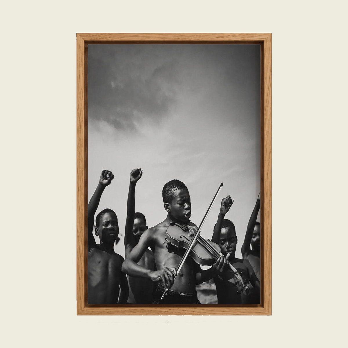 African Children II canvas wall art in a floating oak frame