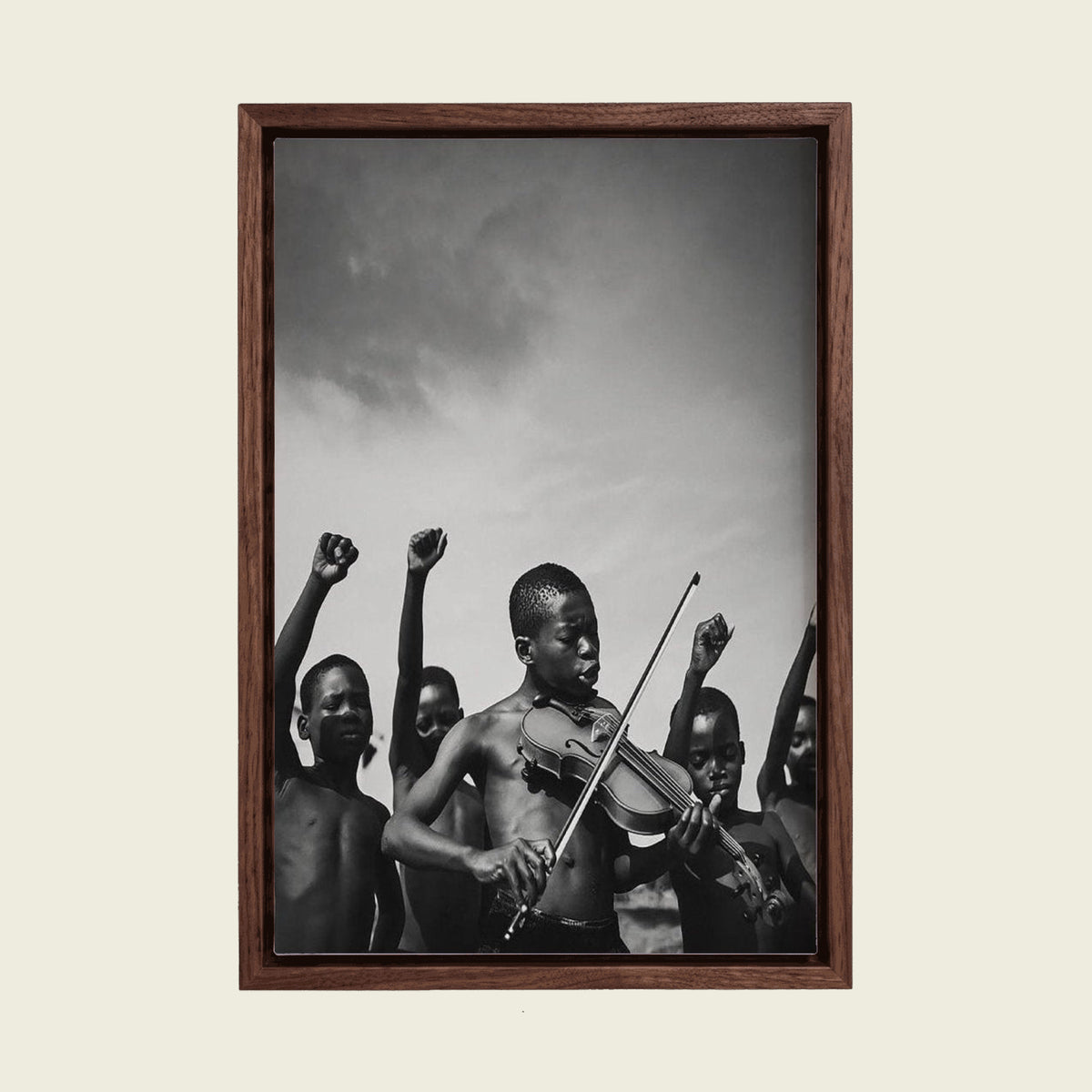 African Children II canvas wall art in a floating walnut frame