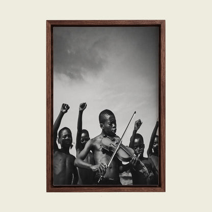African Children II canvas wall art in a floating walnut frame