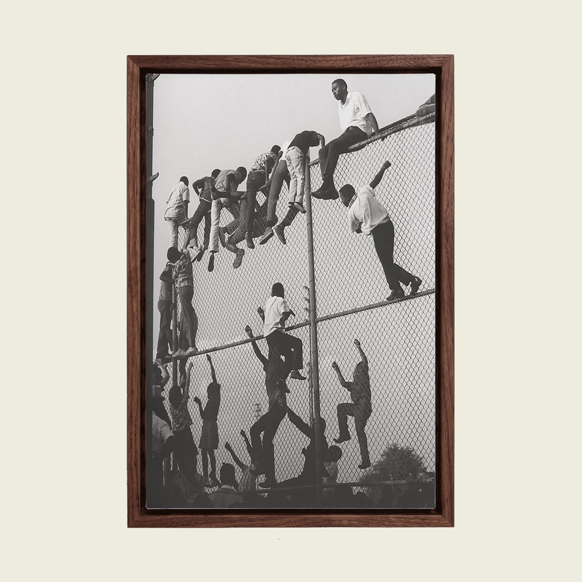 African Children I canvas wall art in a floating walnut frame