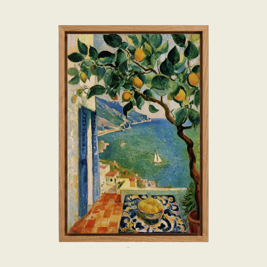 Amalfi Coast Lemon Tree canvas wall art in a floating oak frame