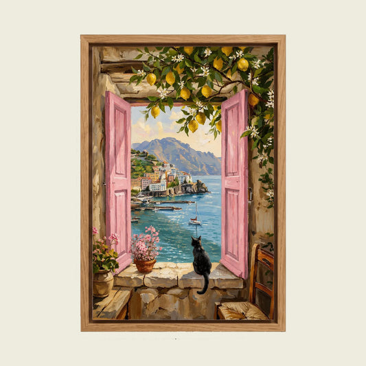 Amalfi Window and Black Cat canvas wall art in a floating oak frame