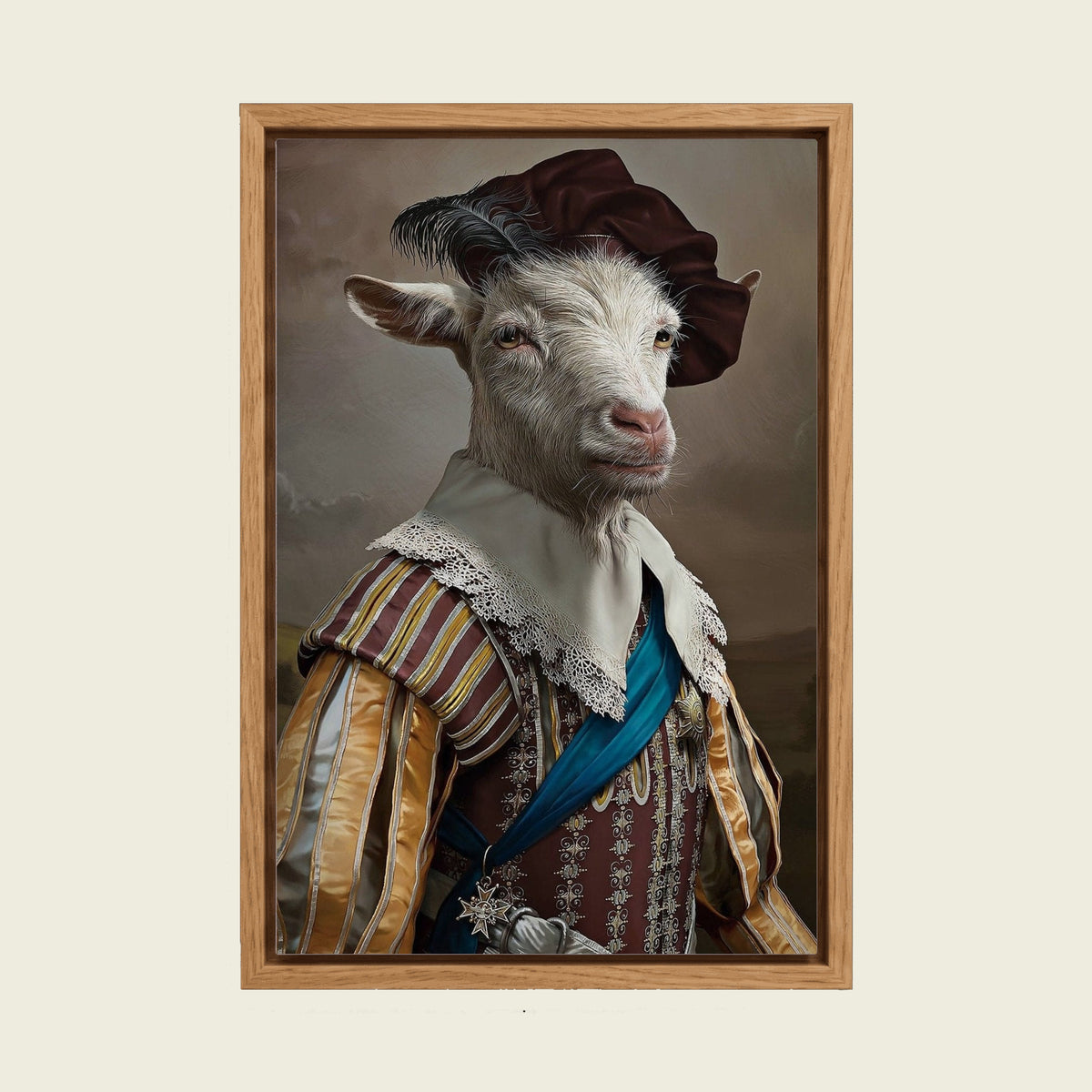 Aristocratic Goat canvas wall art in a floating oak frame