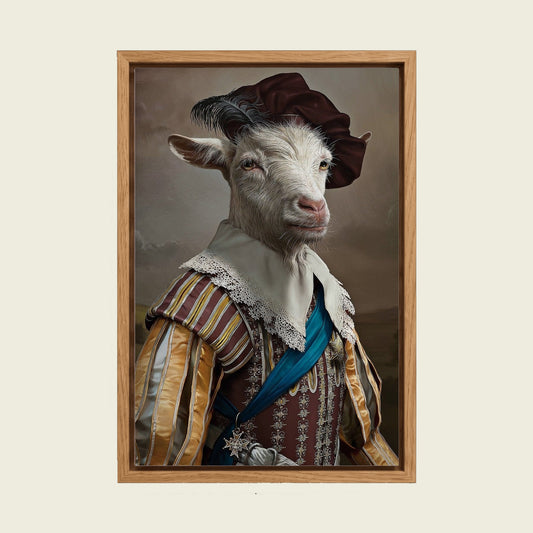 Aristocratic Goat canvas wall art in a floating oak frame